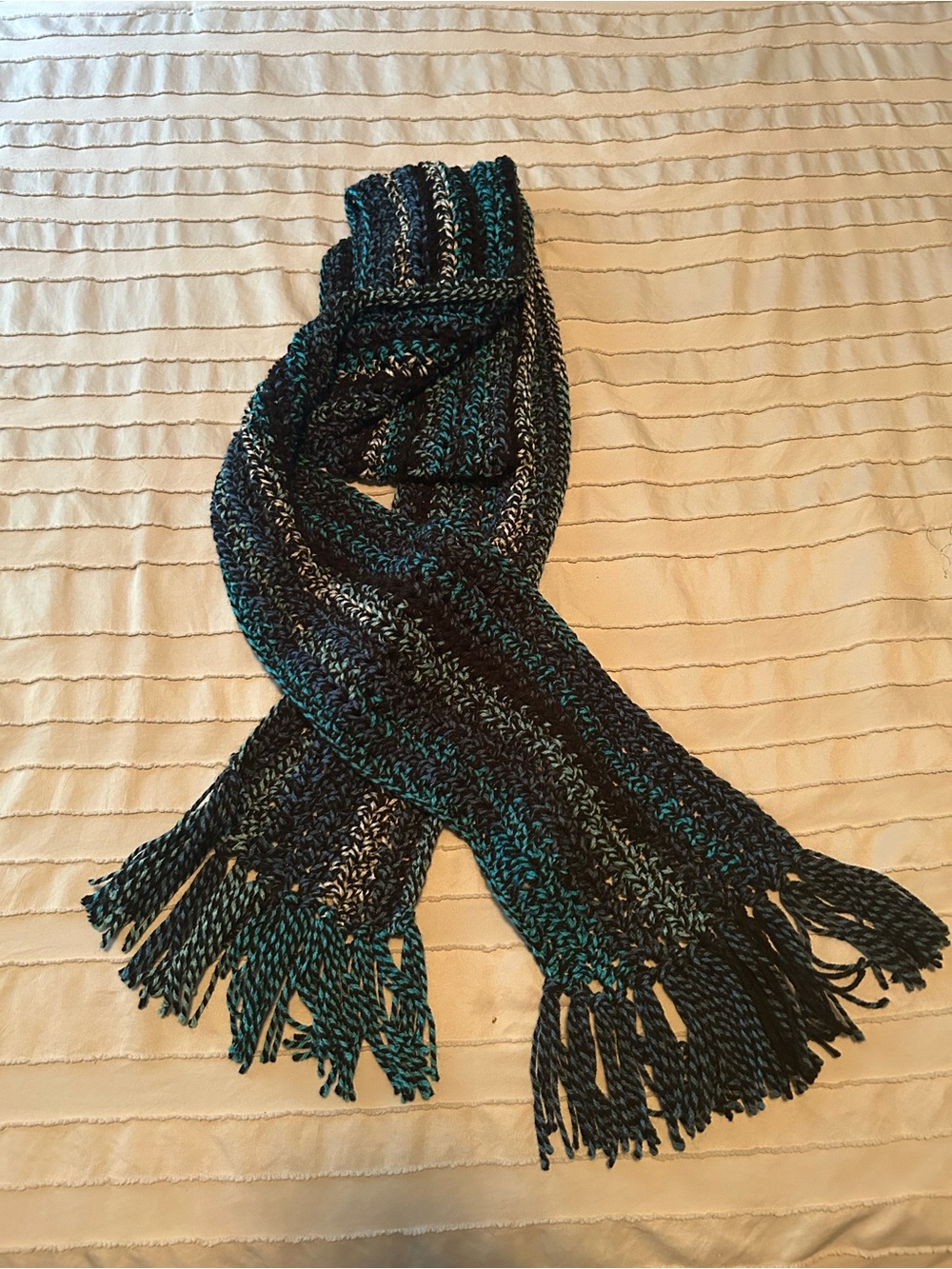 Handmade crochet Fringe Scarf in blue, black and white